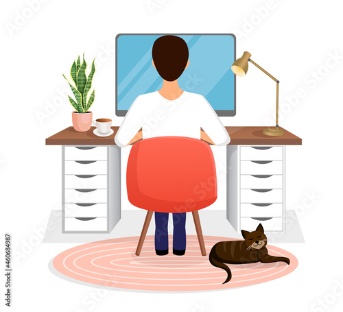 Male freelancer sits at a desk working at home at a computer. Back view of the guy. Remote work, office at home, programming. Study at home in quarantine. Vector illustration. Cozy workspace.