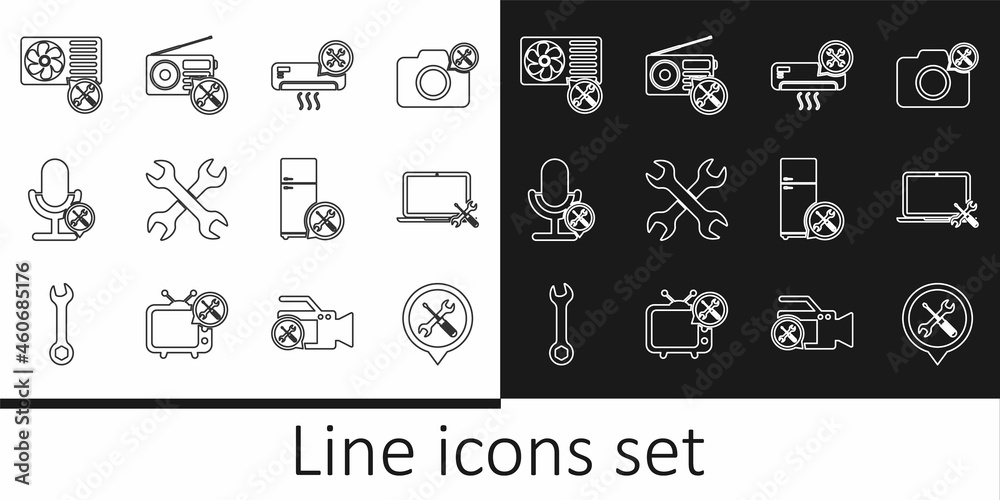 Set line Location service, Laptop, Air conditioner, Crossed wrenchs, Microphone, Refrigerator and Radio icon. Vector