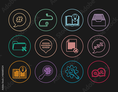 Set line Question and Answer, Speech bubble with snoring, Interesting facts, chat, Folder service, Hashtag speech, File document and Route location icon. Vector