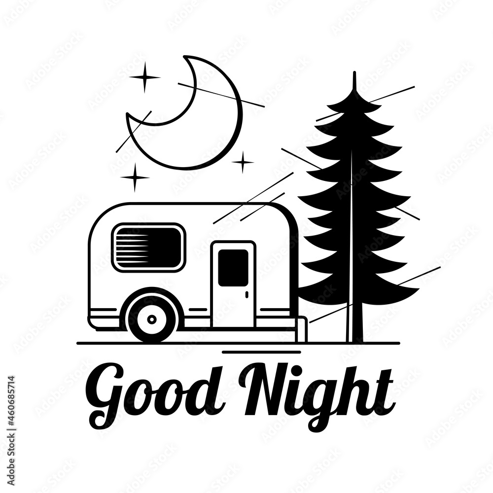 Hand drawn vector illustration - good night, card with moon