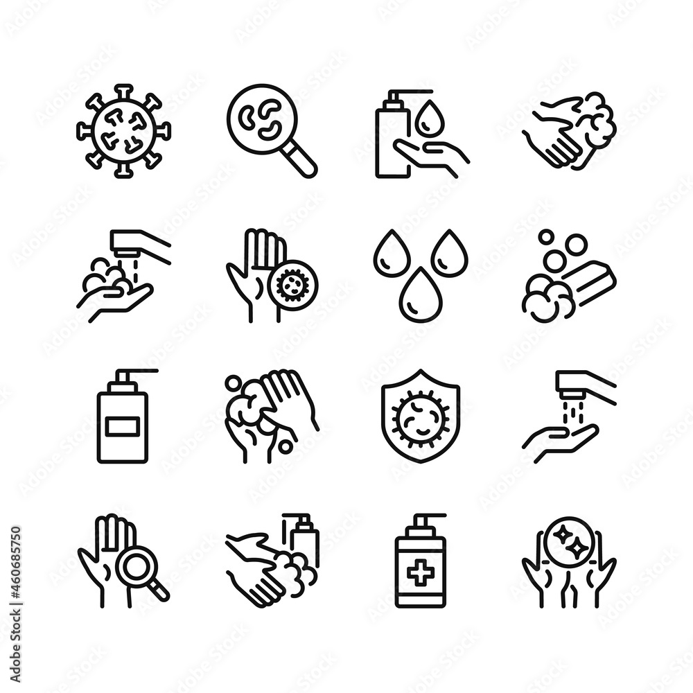 Hand washing line icons. Set of outline symbols, simple graphic ...