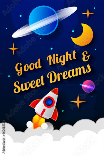 Vector illustration of wish good night on dark blue sky background with moon. Art design for web, site, advertising, banner, poster, flyer, brochure, board, card