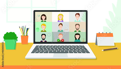 Vector illustration of an open laptop and an active video conversation. Concept of a home office, education, freelancing, and business meeting. Teamwork with colleagues on video chat and online course