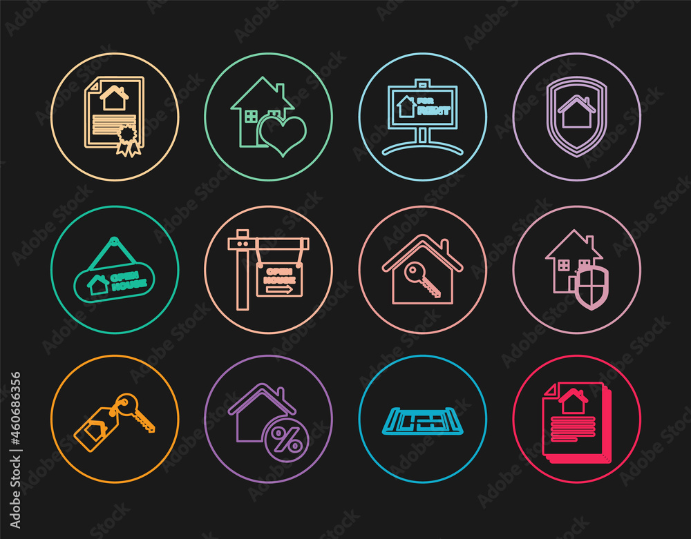 Set line House contract, under protection, Hanging sign with For Rent, Open house, key and heart shape icon. Vector Set line House contract, under protection, Hanging sign with For Rent, Open house, key and heart shape icon. Vector