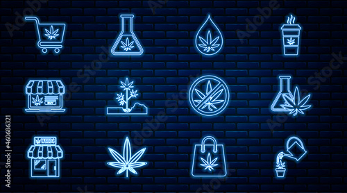 Set line Watering can marijuana, Test tube with, Marijuana or cannabis leaf oil, Planting, Online buying, Shopping cart, Stop and icon. Vector
