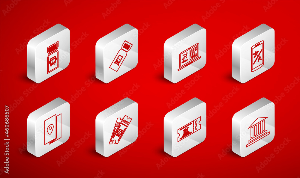 Set line Museum building, Train ticket, Laptop with, Online translator, Bus, and Cover book travel guide icon. Vector Set line Museum building, Train ticket, Laptop with, Online translator, Bus, and Cover book travel guide icon. Vector