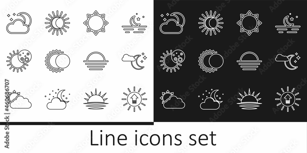 Set line Sunset, Cloud with moon and stars, Eclipse of the sun, and icon. Vector