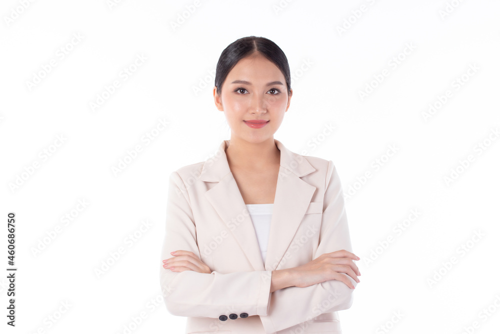 Portrait confident young attractive business Asian woman. Confident young manager wearing suit looking friendly and smiling isolated on white background. Business woman concept. Portrait confident young attractive business Asian woman. Confident young manager wearing suit looking friendly and smiling isolated on white background. Business woman concept.