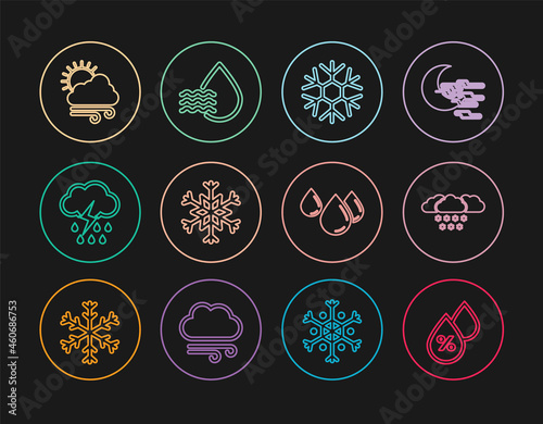 Set line Water drop percentage, Cloud with snow, Snowflake, rain and lightning, Windy weather, and icon. Vector