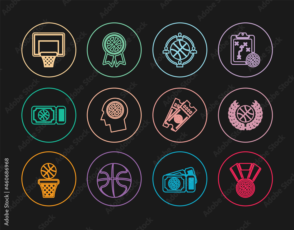 Set line Basketball medal, Award with basketball, Planning strategy, Thoughts on, game ticket, backboard, and award icon. Vector Set line Basketball medal, Award with basketball, Planning strategy, Thoughts on, game ticket, backboard, and award icon. Vector