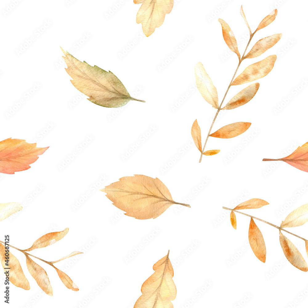 Watercolor autumn seamless pattern with hand painted cozy symbols of fall season.