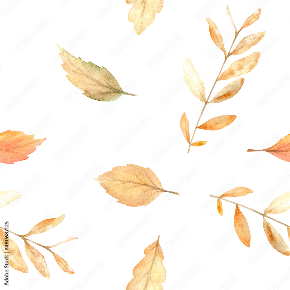 Fototapeta premium Watercolor autumn seamless pattern with hand painted cozy symbols of fall season.