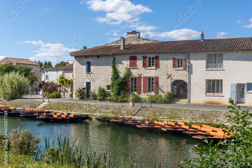 Coulon town in France. River view. Deux Sevres, New Aquitaine region. Tourism place 