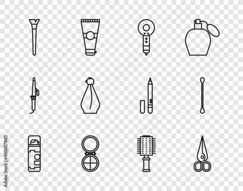 Set line Shaving gel foam, Scissors, Hair dryer, Makeup powder with mirror, brush, Perfume, Hairbrush and Cotton swab for ears icon. Vector