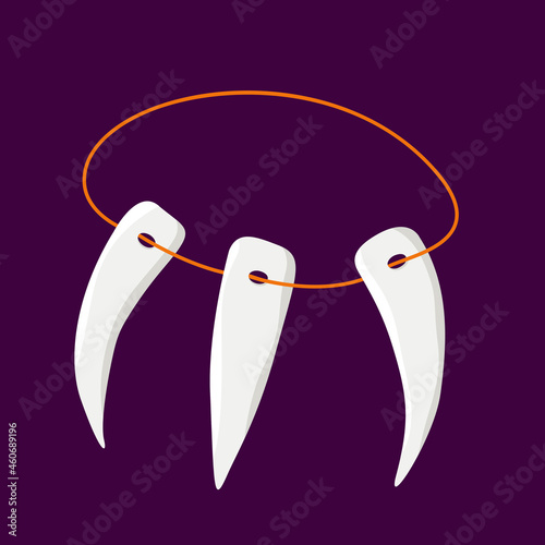 Animal teeth necklace. Fangs on a lace on a purple background. Mystical witchcraft amulet, halloween decor element