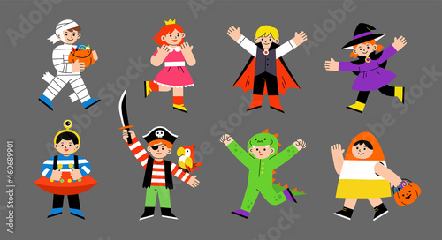 Happy kids in Halloween costume for Trick or Treat on white background. Happy Halloween Concept.