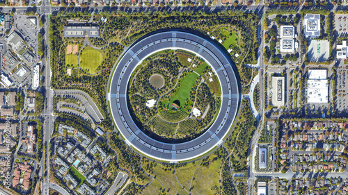 Fototapeta Naklejka Na Ścianę i Meble -  Silicon Valley looking down aerial view from above – Bird’s eye view Silicon Valley, San Francisco, California, USA