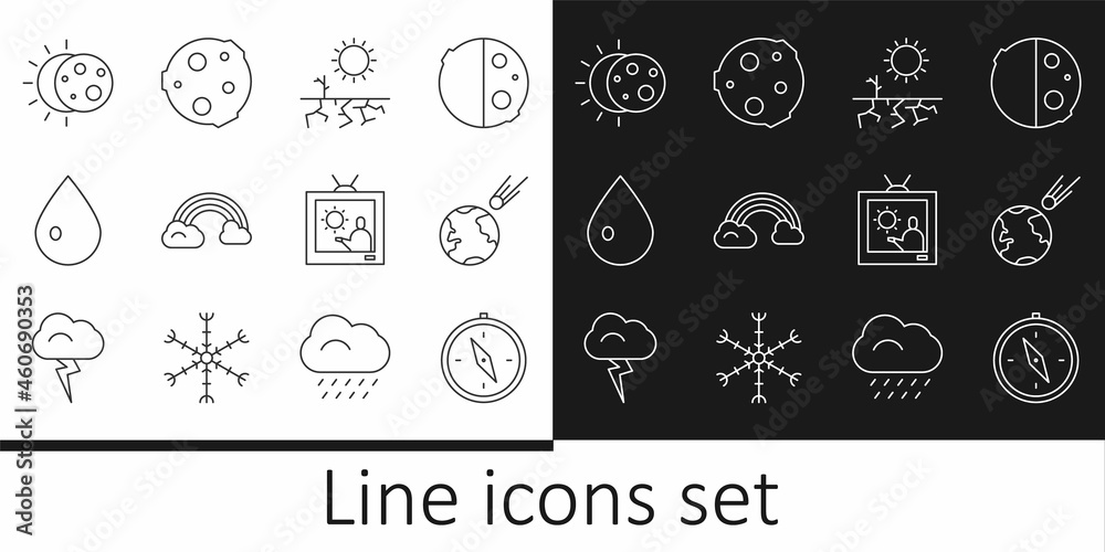 Set line Compass, Comet falling down fast, Drought, Rainbow with clouds, Water drop, Eclipse of the sun, Weather forecast and Moon icon. Vector