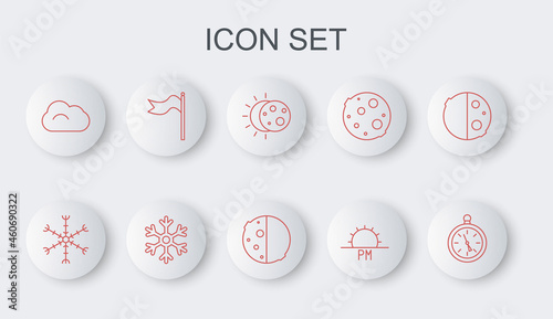 Set line Compass, Snowflake, Eclipse of the sun, Sunset, Cloud, Meteorology windsock wind vane, and icon. Vector