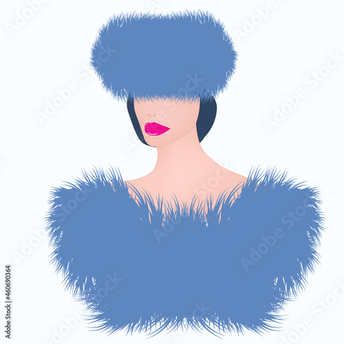Elegant woman in a cloak and a hat made of blue faux fur - art, vector. Headdress. Sale. Winter clothes