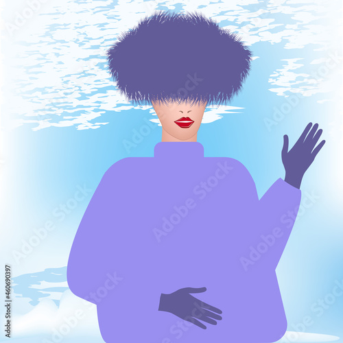 Winter landscape. Elegant woman in a lilac faux fur hat - art, vector. Headdress. Sale. Winter clothes