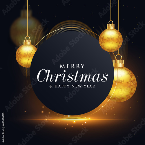 Merry Christmas and happy new year with realistic golden Christmas balls social media post template