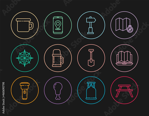 Set line Picnic table with benches  Location of the forest in laptop  Road traffic signpost  Thermos container  Wind rose  Camping metal mug  Shovel and City map navigation icon. Vector