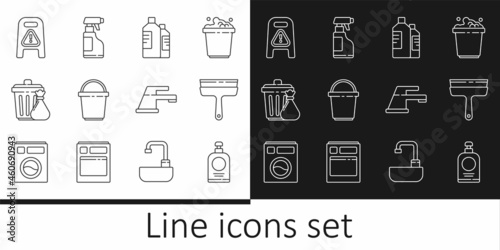 Set line Hand sanitizer bottle, Rubber cleaner for windows, Bottles cleaning agent, Bucket, Trash can garbage bag, Wet floor progress, Water tap and Spray with detergent liquid icon. Vector