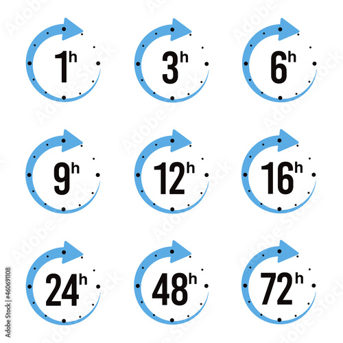 Set of delivery service time icons clock arrow 1, 3, 6, 9, 12, 16, 24, 48, 72 hours for design, stock vector illustration.