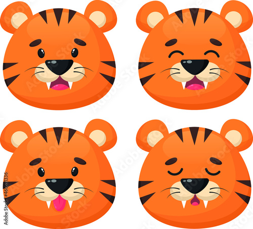 Emotions of a tiger, joy, anger, appeasement, discontent, on a white background.