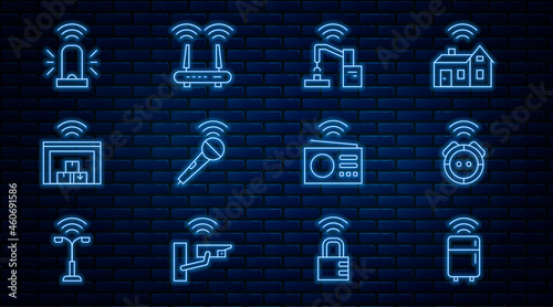 Set line Smart refrigerator, Robot vacuum cleaner, Robotic robot arm hand factory, Wireless microphone, warehouse, flasher siren, radio and Router wi-fi signal icon. Vector