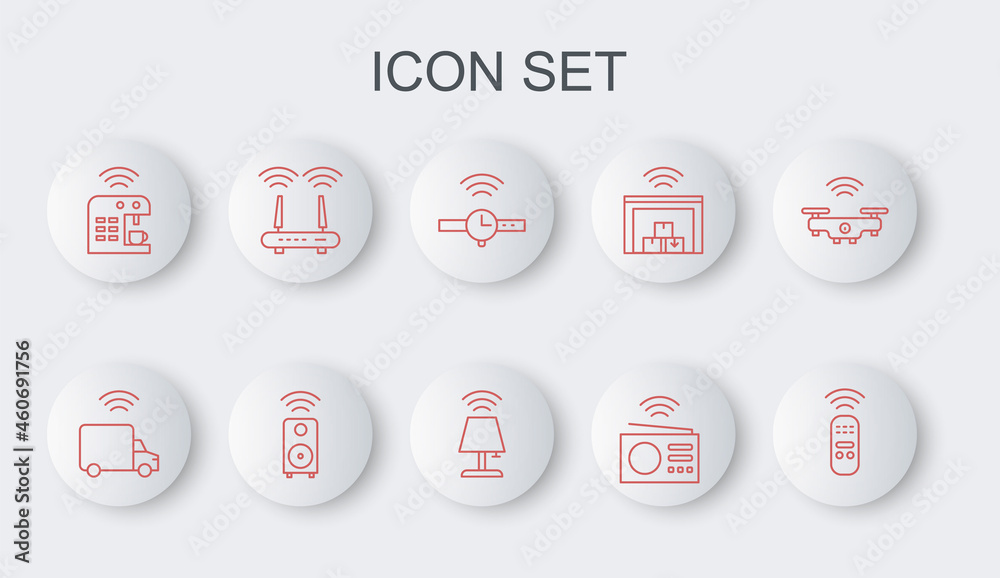 Set line Smart remote control, truck, Smartwatch, radio, coffee machine, Router and wi-fi signal, stereo speaker and table lamp icon. Vector Set line Smart remote control, truck, Smartwatch, radio, coffee machine, Router and wi-fi signal, stereo speaker and table lamp icon. Vector