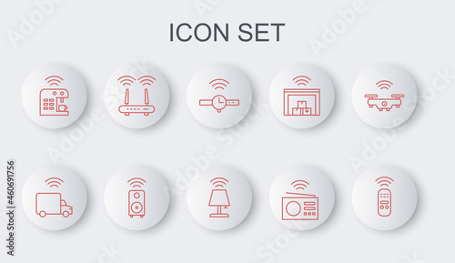 Set line Smart remote control, truck, Smartwatch, radio, coffee machine, Router and wi-fi signal, stereo speaker and table lamp icon. Vector