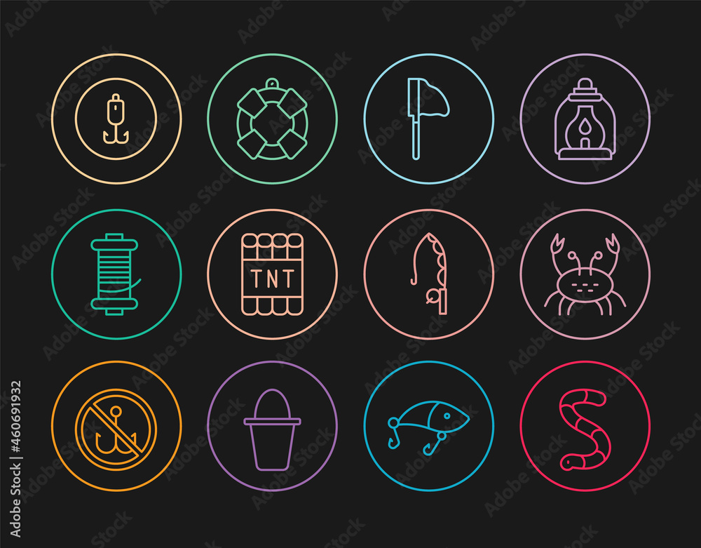 Set line Worm, Crab, Fishing net with fish, Detonate dynamite bomb stick, Spinning reel for fishing, hook, rod and Lifebuoy icon. Vector Set line Worm, Crab, Fishing net with fish, Detonate dynamite bomb stick, Spinning reel for fishing, hook, rod and Lifebuoy icon. Vector