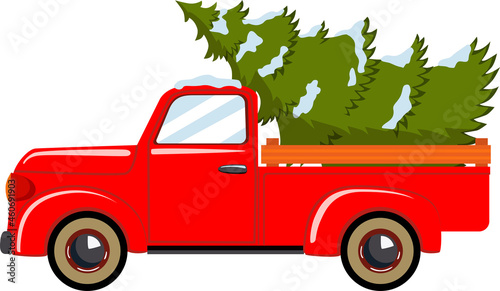 Red retro pickup with a Christmas tree.