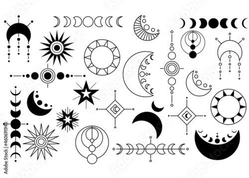 Moon themed abstract elements collection, isolated elements for icon, logo, decoration. Elements set. Stars, moon phases, witchcraft