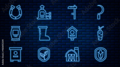 Set line Shield corn, Carrot, Scythe, Waterproof rubber boot, Fertilizer bag, Horseshoe, Bird house and Full sack and wooden box icon. Vector
