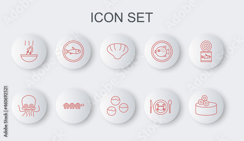 Set line Tin can with caviar, Octopus, Scallop sea shell, Served crab on plate, Soup octopus, fish, Grilled steak and Takoyaki icon. Vector
