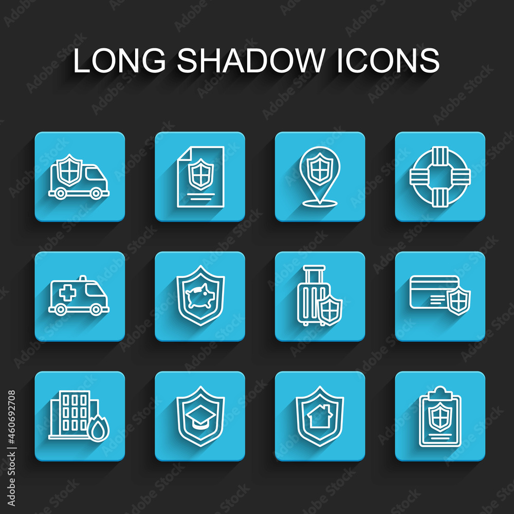Set line Fire in burning house, Graduation cap with shield, Car, House, Document, Piggy bank, Credit card and Travel suitcase icon. Vector Set line Fire in burning house, Graduation cap with shield, Car, House, Document, Piggy bank, Credit card and Travel suitcase icon. Vector