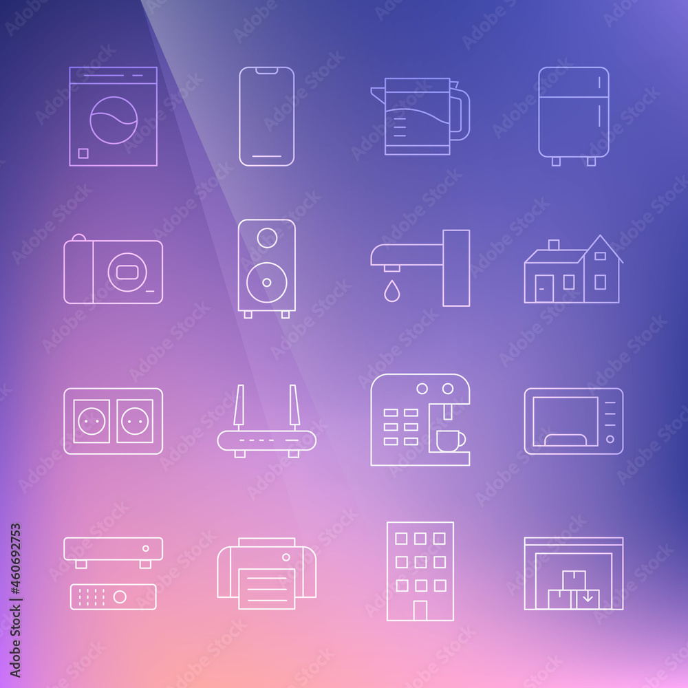 Set line Warehouse, Microwave oven, House, Electric kettle, Stereo speaker, Photo camera, Washer and Water tap icon. Vector