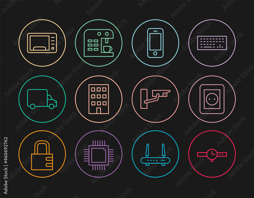 Set line Wrist watch, Electrical outlet, Smartphone, House, Delivery cargo truck, Microwave oven, Security camera and Coffee machine icon. Vector Set line Wrist watch, Electrical outlet, Smartphone, House, Delivery cargo truck, Microwave oven, Security camera and Coffee machine icon. Vector