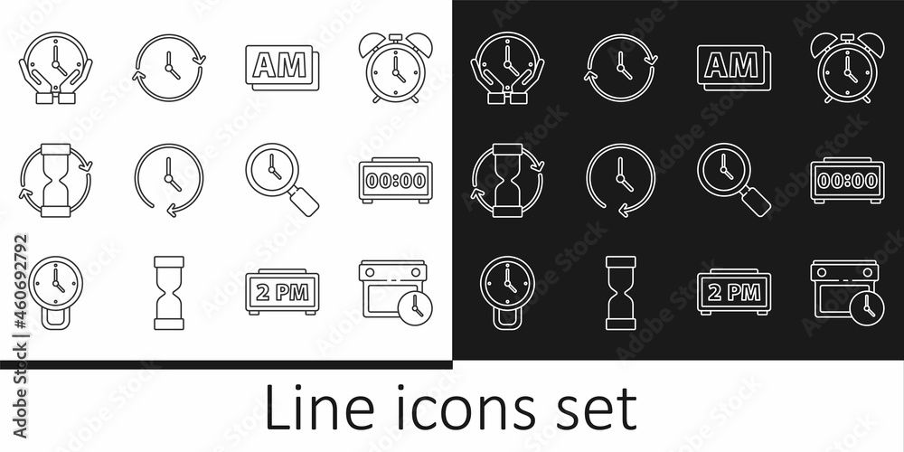 Set line Calendar and clock, Digital alarm, Clock AM, Old hourglass, Magnifying with and icon. Vector