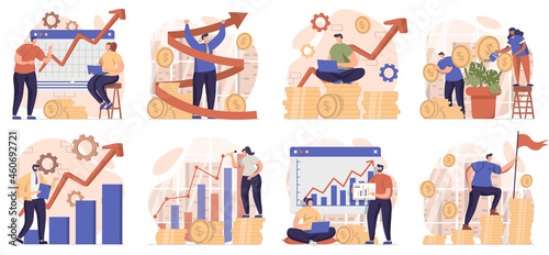 Business growth collection of scenes isolated. People analyze financial data, successful strategy, set in flat design. Vector illustration for blogging, website, mobile app, promotional materials.