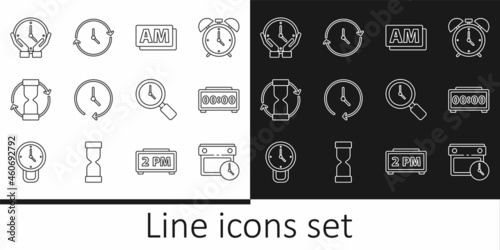 Set line Calendar and clock, Digital alarm, Clock AM, Old hourglass, Magnifying with and icon. Vector