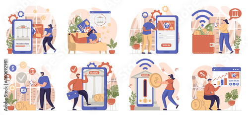 Mobile banking collection of scenes isolated. People pay, transactions and use bank services online, set in flat design. Vector illustration for blogging, website, mobile app, promotional materials.