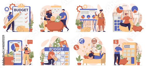 Planning financial budget collection of scenes isolated. People keep bookkeeping, finance management, set in flat design. Vector illustration for blogging, website, mobile app, promotional materials.