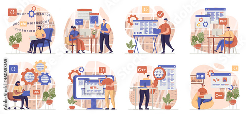 Programmer working collection of scenes isolated. People create programs, configure and test software, set in flat design. Vector illustration for blogging, website, mobile app, promotional materials.