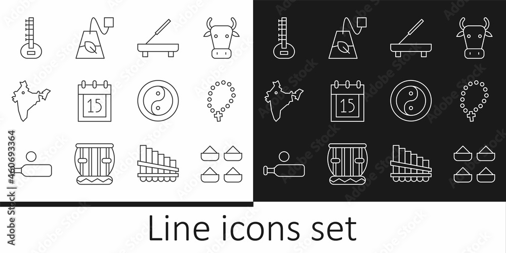 Set line Indian spice, Rosary beads religion, Scented spa stick, Independence day, map, Sitar, Yin Yang and Tea bag icon. Vector