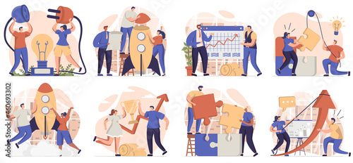 Teamwork collection of scenes isolated. People generate idea, brainstorm, collaboration at business, set in flat design. Vector illustration for blogging, website, mobile app, promotional materials. © alexdndz