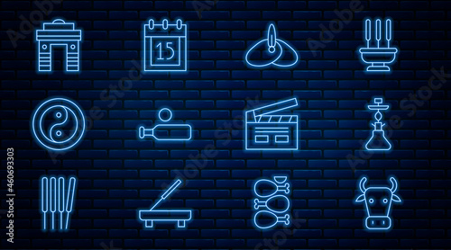 Set line Cow, Hookah, Indian headgear turban, Wood cricket bat and ball, Yin Yang, Gate Delhi, Bollywood indian cinema and Independence day icon. Vector